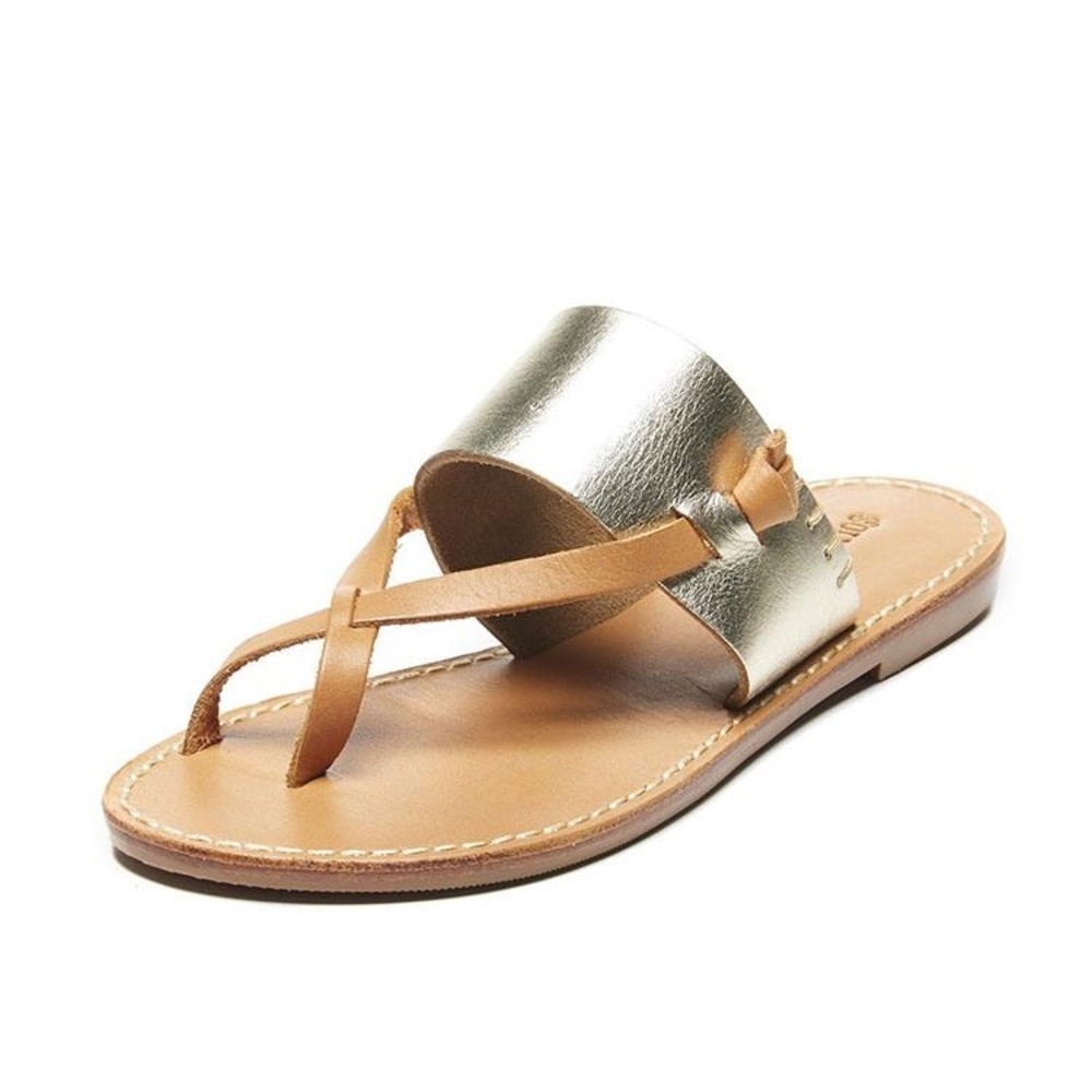Soludos Metallic Gold and Tan Leather Slide Sandals